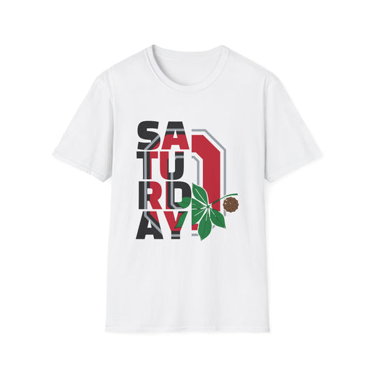 Saturday Graphic T-Shirt — Bold Retro Lettering with Leaf & Basketball Accent