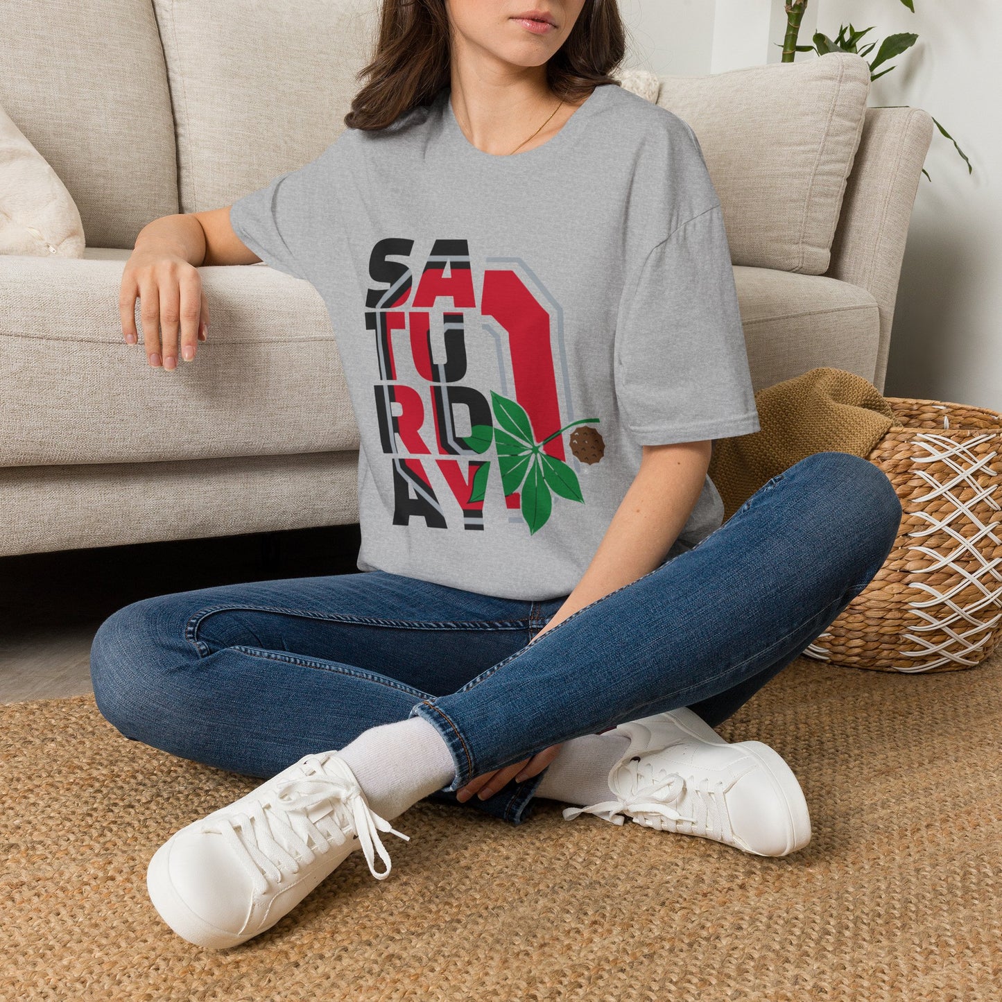 Saturday Graphic T-Shirt — Bold Retro Lettering with Leaf & Basketball Accent