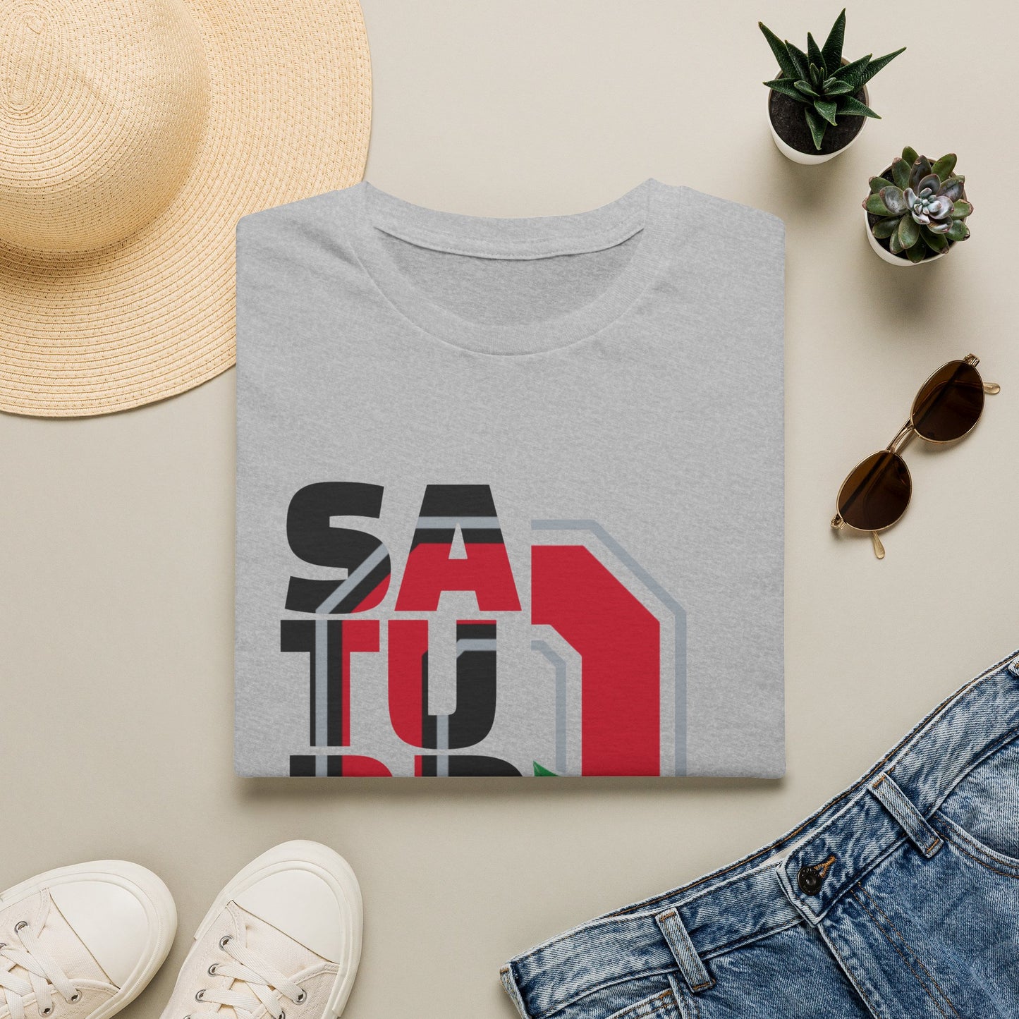 Saturday Graphic T-Shirt — Bold Retro Lettering with Leaf & Basketball Accent