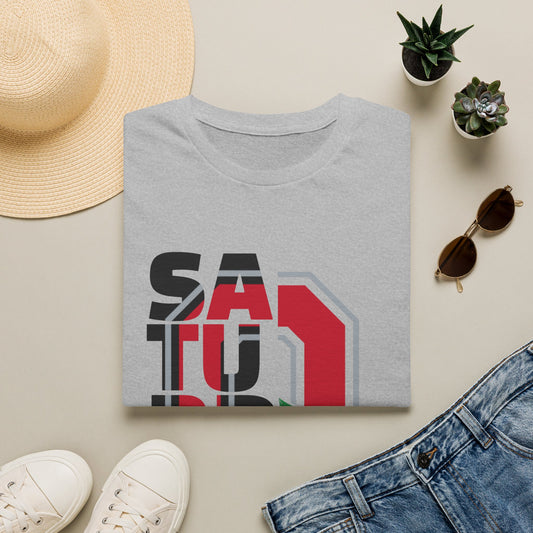 Saturday Graphic T-Shirt — Bold Retro Lettering with Leaf & Basketball Accent