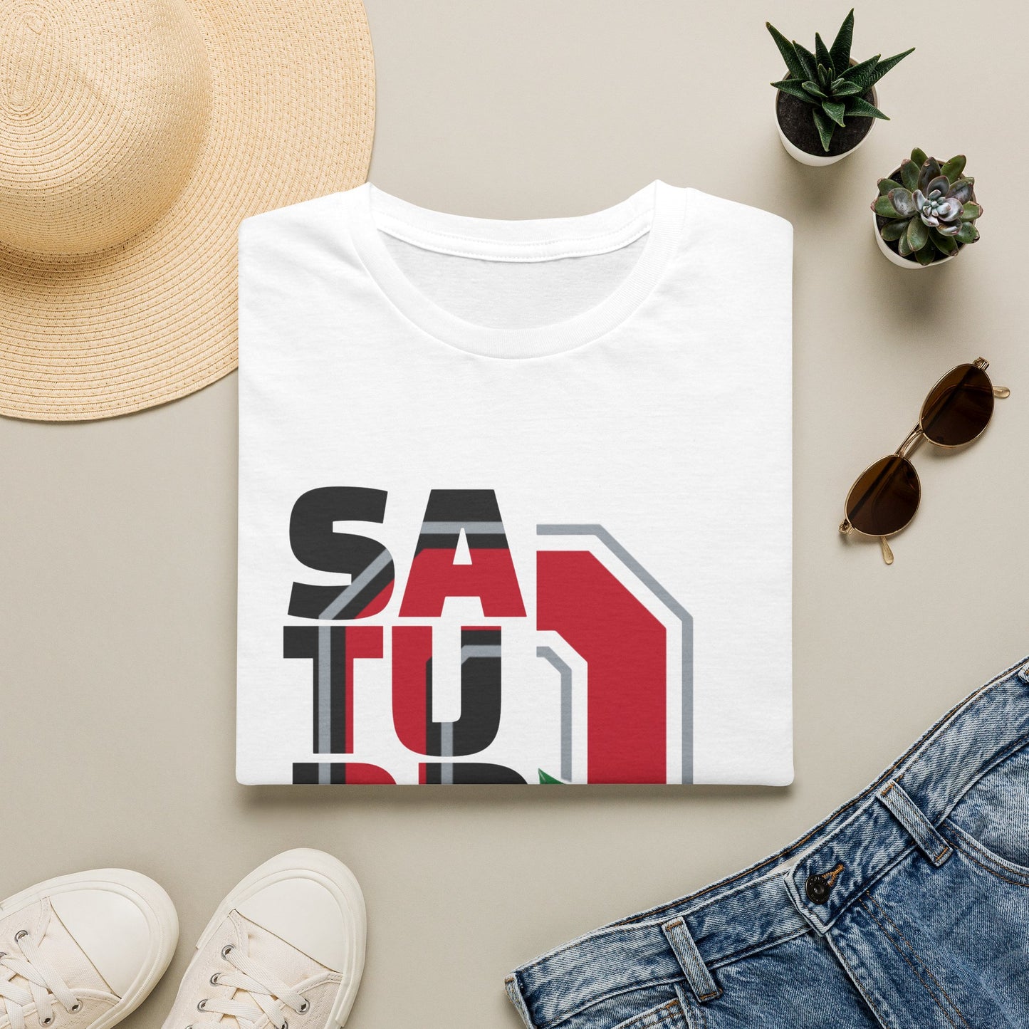 Saturday Graphic T-Shirt — Bold Retro Lettering with Leaf & Basketball Accent